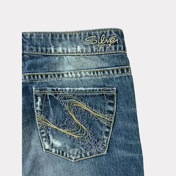 Silver Jeans Womens  28x32 Blue Aiko Flare Distressed‎ Whiskered Stretch Denim - Picture 4 of 16